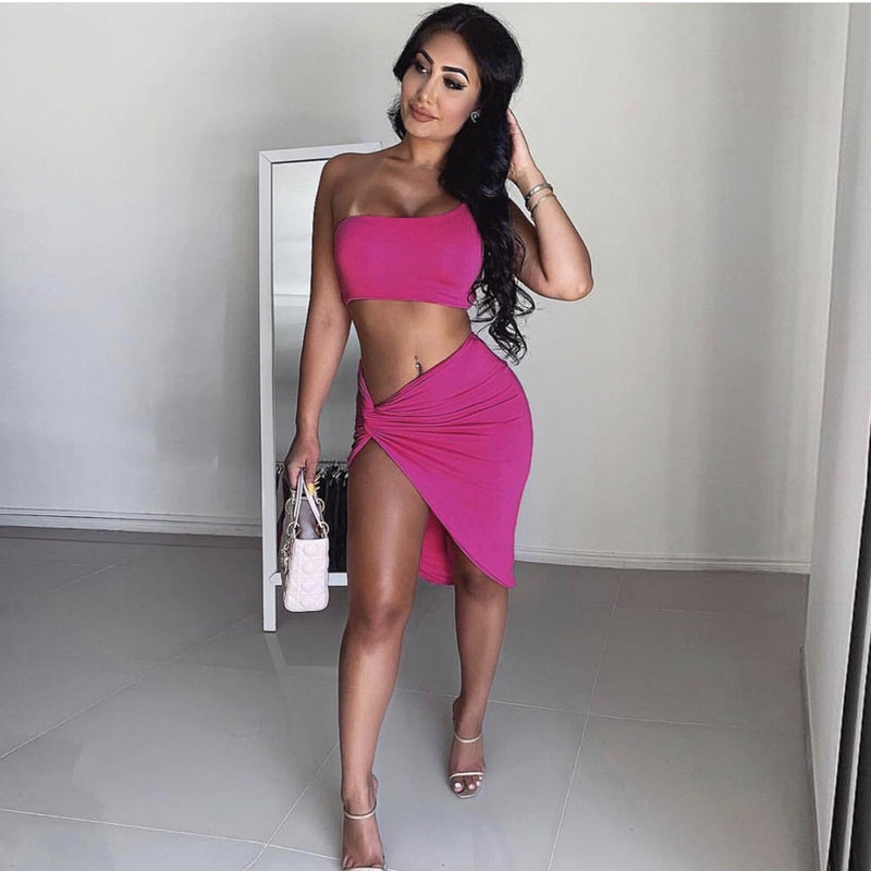 Bandage Crop Top with Irregular Long Skirt Club Dress Set