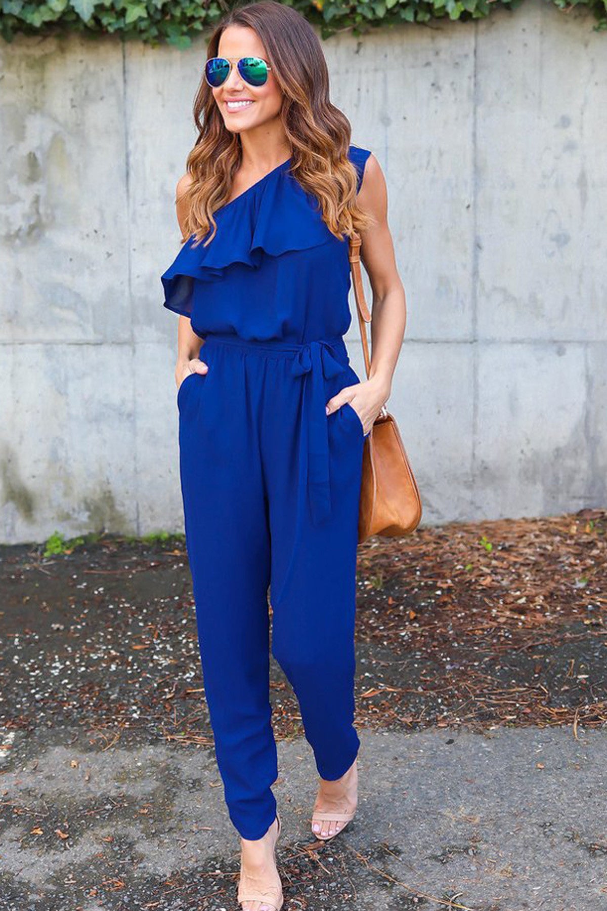 One Shoulder Pure Color Chiffon Long Jumpsuit