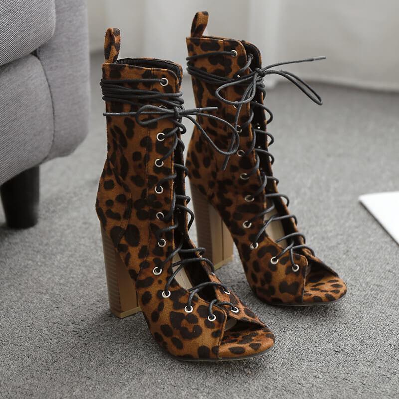  Leopard Strap Suede Chunky Heel Sandals