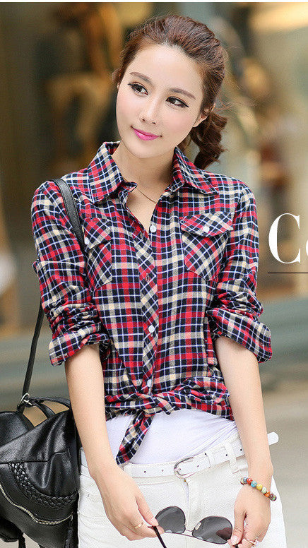 Turn-down Collar Plaid Flower Print Long Sleeves Slim Button Blouse