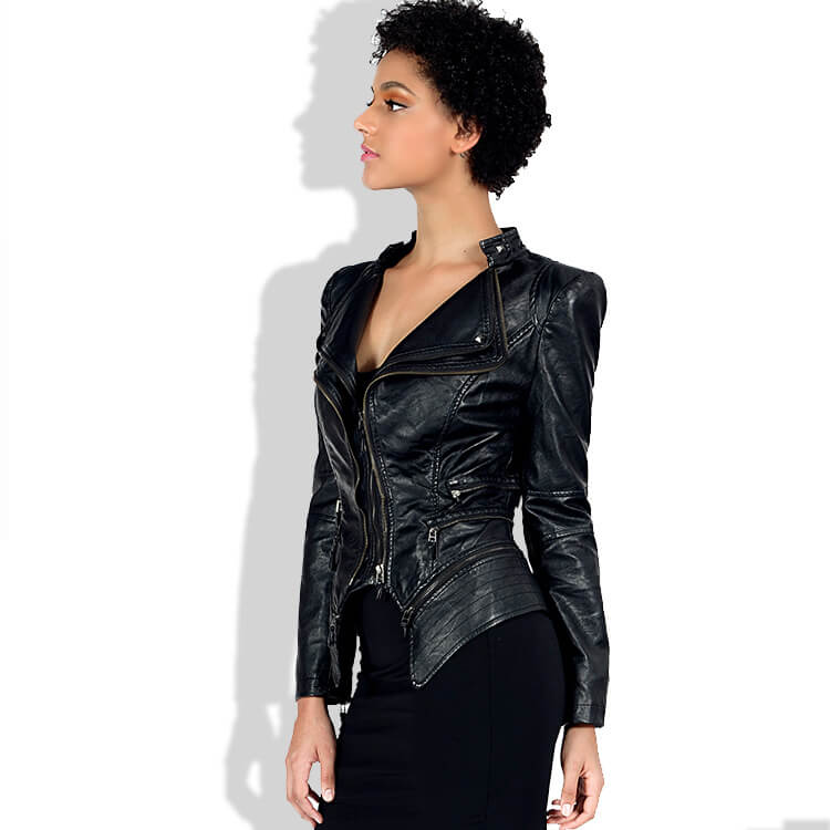 Black Leather Lapel Moto Jacket