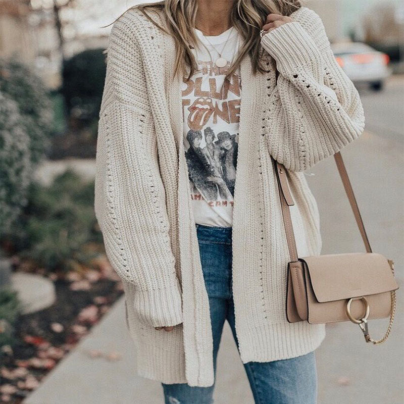 White Loose Hollow Knit Sweater Cardigan