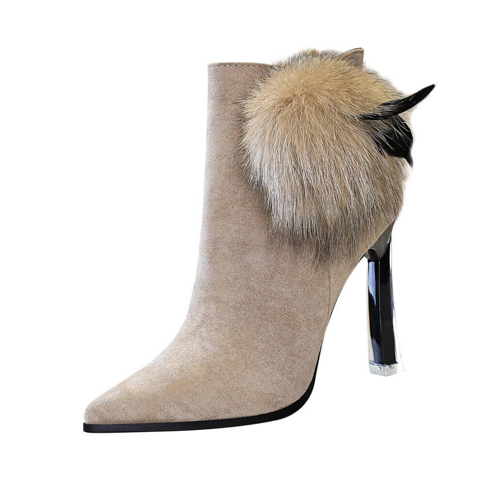 Suede Fur Point Toe Zipper High Heel Ankle Boots