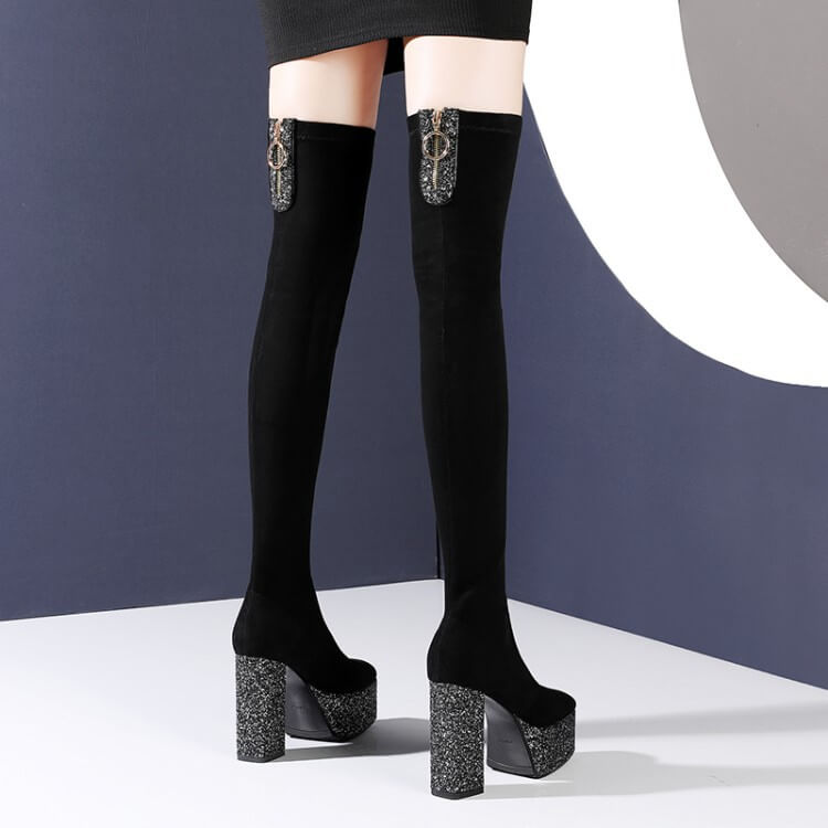 Black Stretch Platform Chunky Heel Over Knee Boots