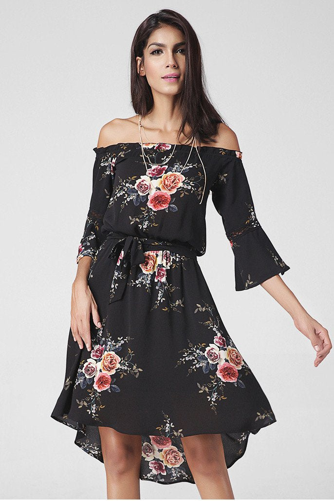 Off Shoulder Trumpet 3/4 Sleeves Irregular Flower Print Short Dress