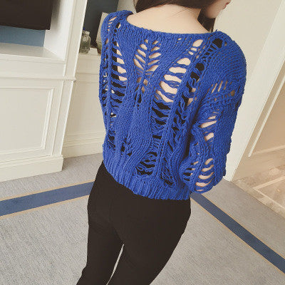 Pure Color Long Sleeves Scoop Hollow Out Short Sweater