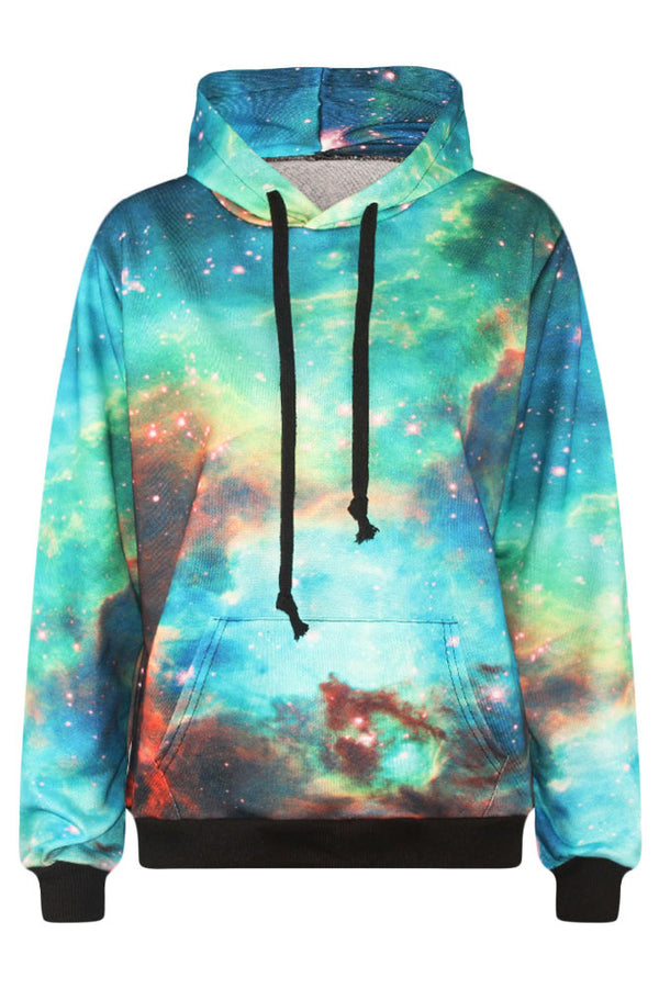 Galaxy Print Pocket Drawstring Slim Hoodie
