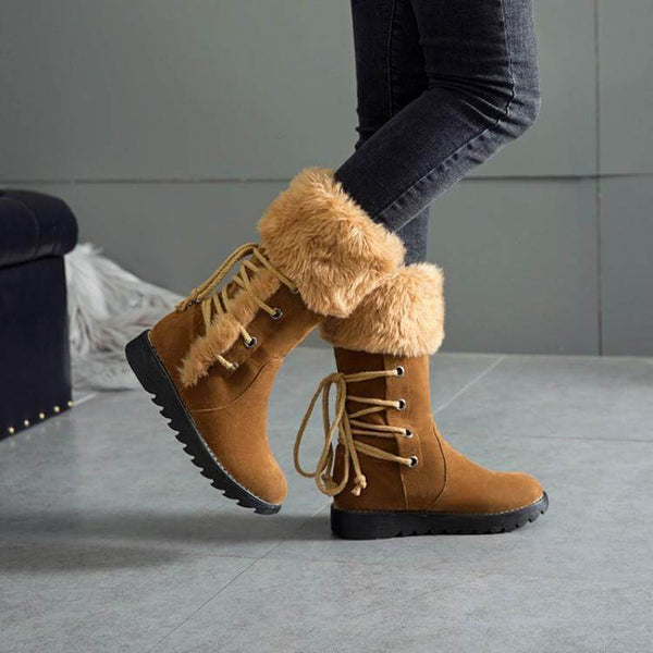Fur Lace Up Flat Suede Calf Boots