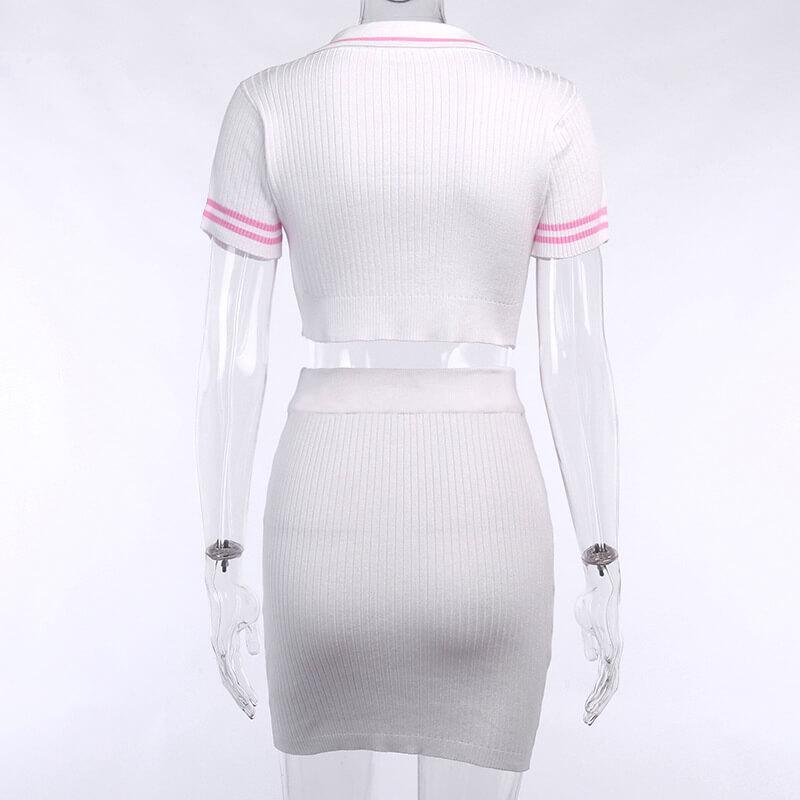 Knit Short Sleeve High Waist Bodycon Button Two Pieces Set