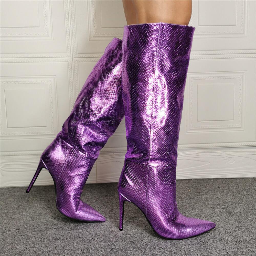 Party Purple PU Point Toe High Heel Knee High Boots