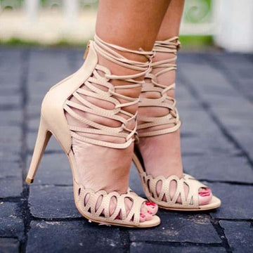 Strap Lace Up Leather High Heel Sandals