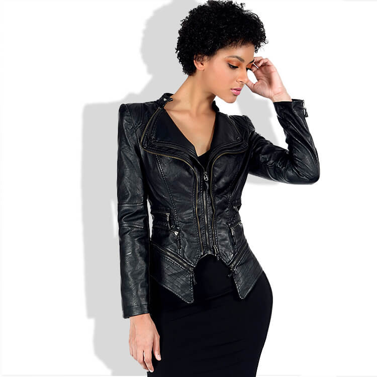 Black Leather Lapel Moto Jacket