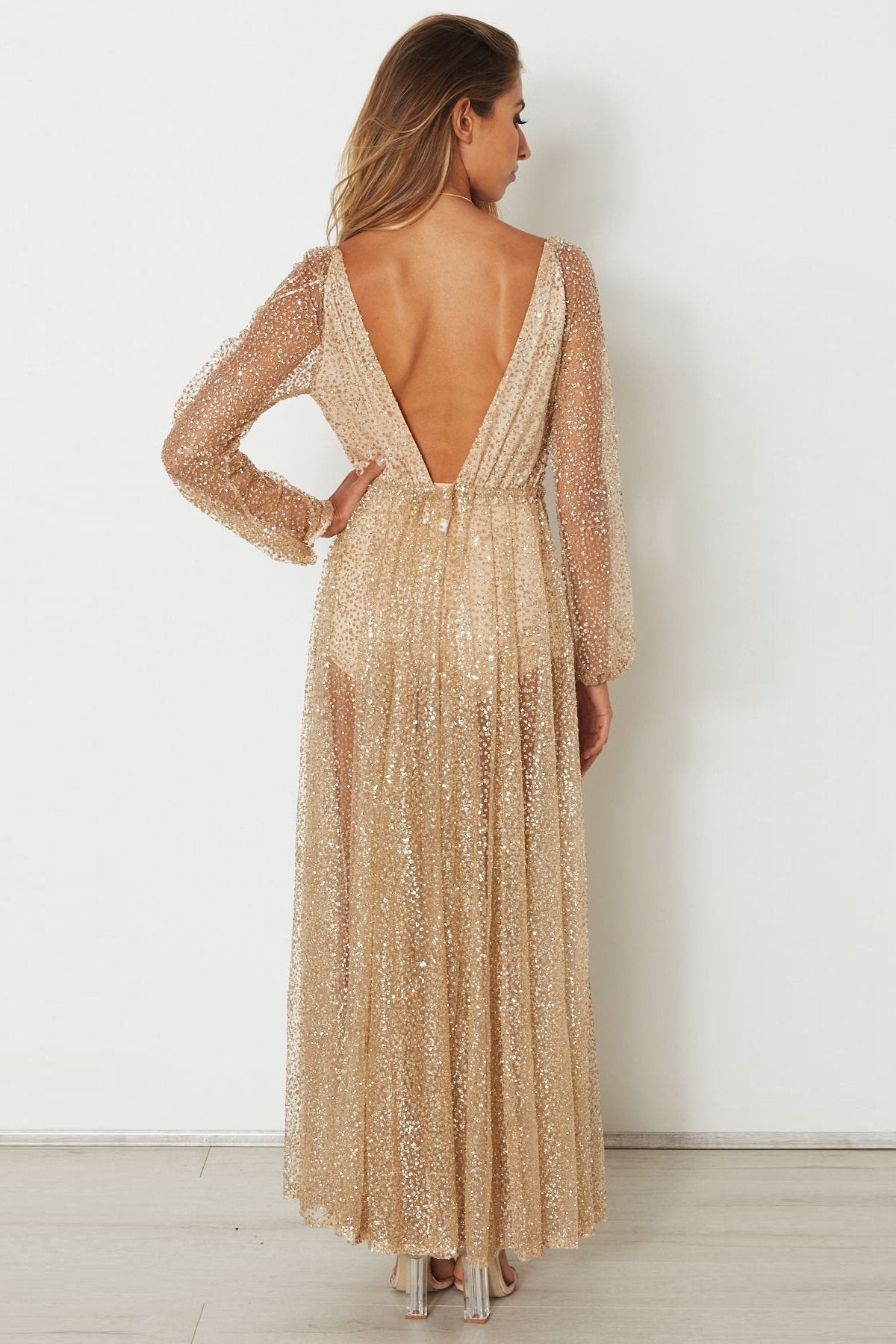 Deep V-neck Long Sleeves Pleat Long Transparent Dress