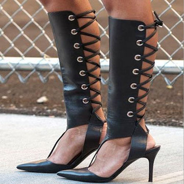 Black Lace Up Cutout Leather Knee High Boots