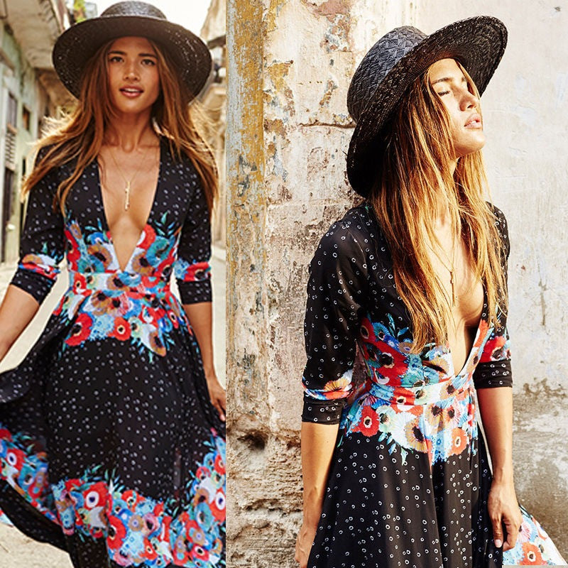 Print Retro Deep V-neck 3/4 Sleeves Long Beach Dress