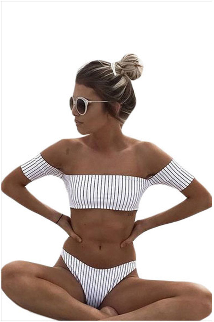 Striped Off Shoulder Low Waist Bikini Set
