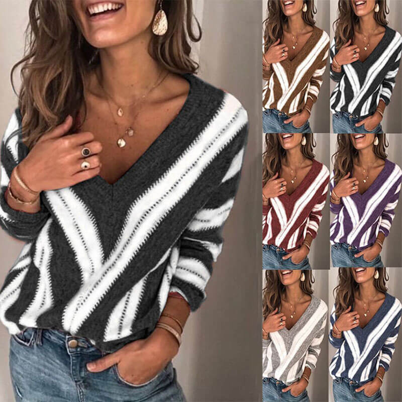 V Neck Striped Colorblock Knit Sweater