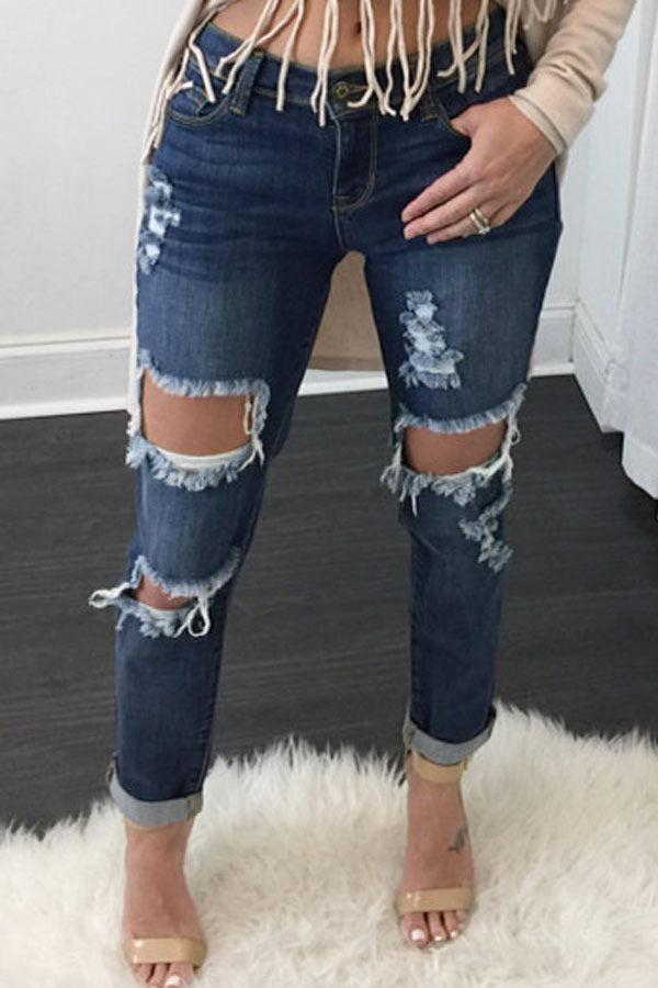 Cut Out Rough Holes Slim Skinny Low Waist Long Jeans