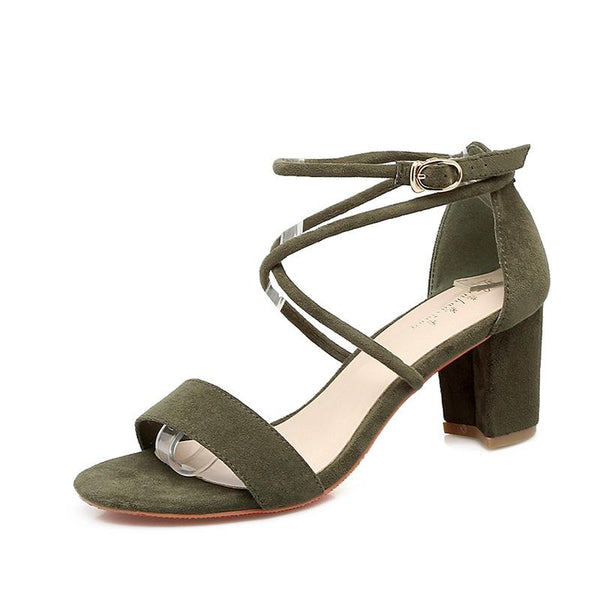 Suede Chunky Heel Open Toe Lace Ankle Strap Sandals