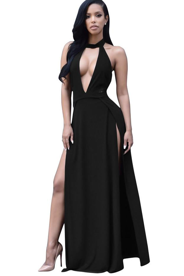Spaghetti Straps V-neck Backless Split Long Party Dress 