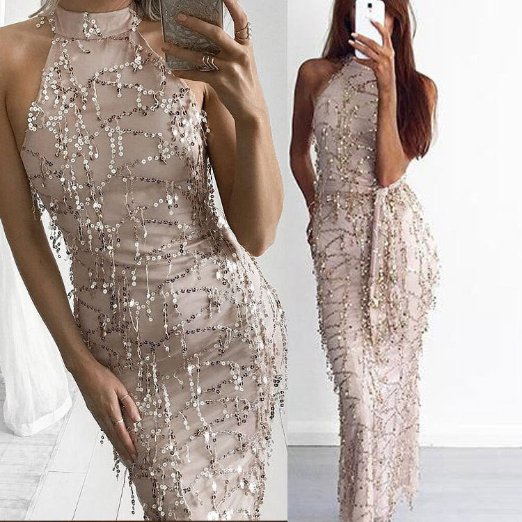 Sexy Halter Sequins Tassels Long Bodycon Belt Dress