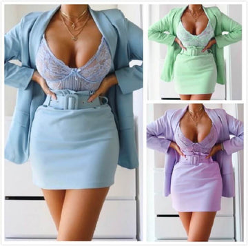 Sexy High Waist Plain Blazer Short Skirt Sets