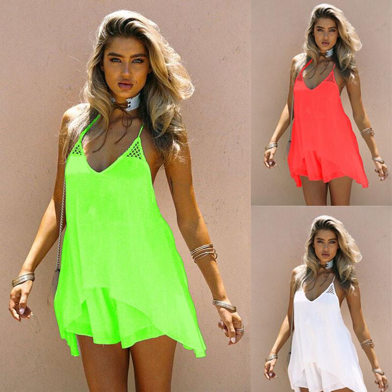 Spaghetti Straps Backless Pure Color Chiffon Short Dress