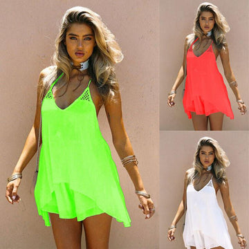 Spaghetti Straps Backless Pure Color Chiffon Short Dress