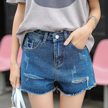 Hight Waist Hole Pure Color Pockets Denim Shorts