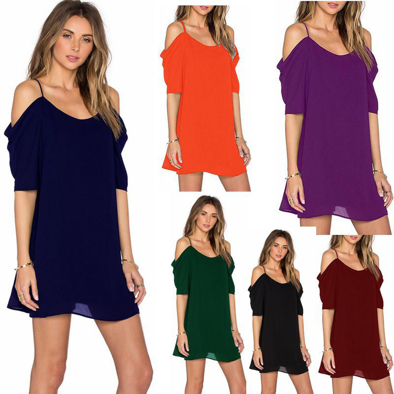 Pure Color Spaghetti Straps Bear Shoulder Short Chiffon Dress