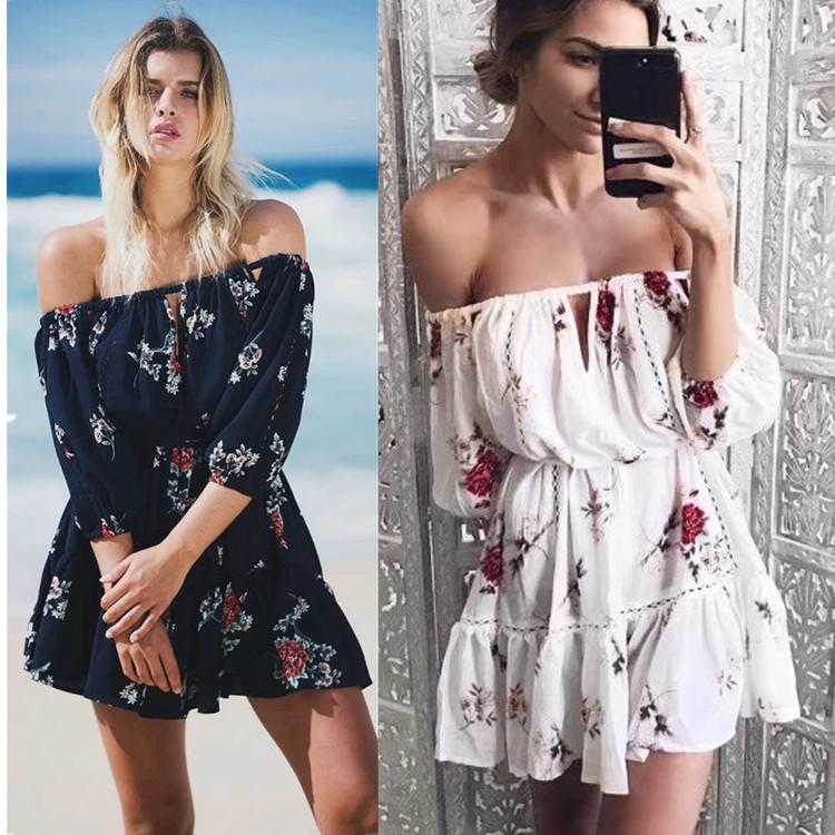 Off Shoulder 3/4 Sleeves Print Short Beach Dress