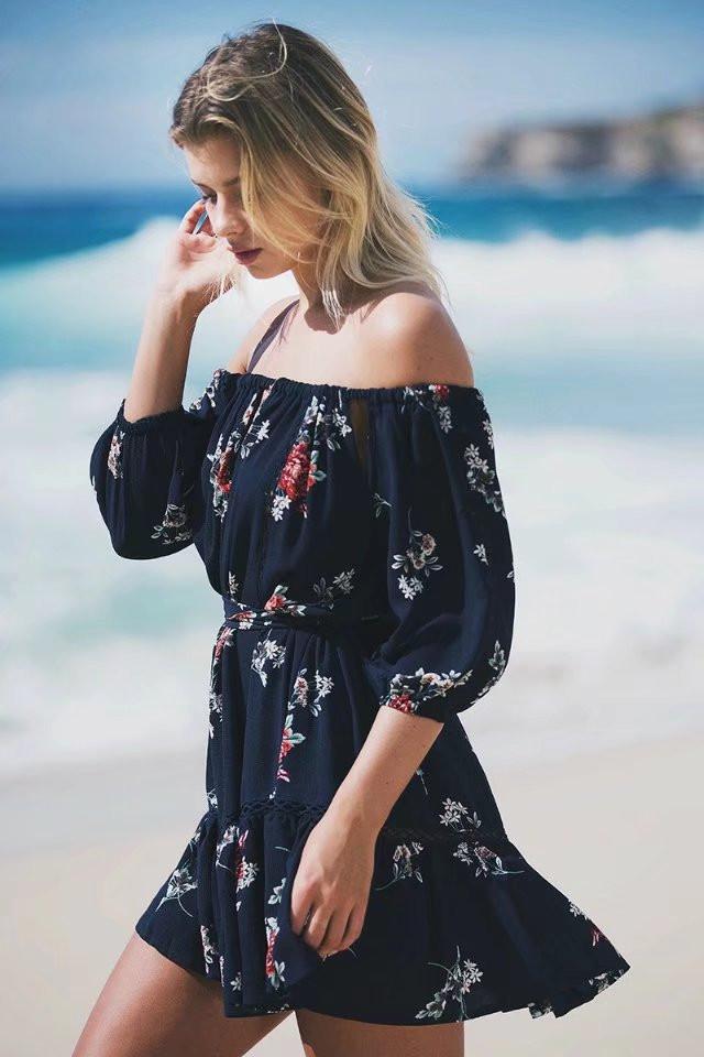 Off Shoulder 3/4 Sleeves Print Short Beach Dress