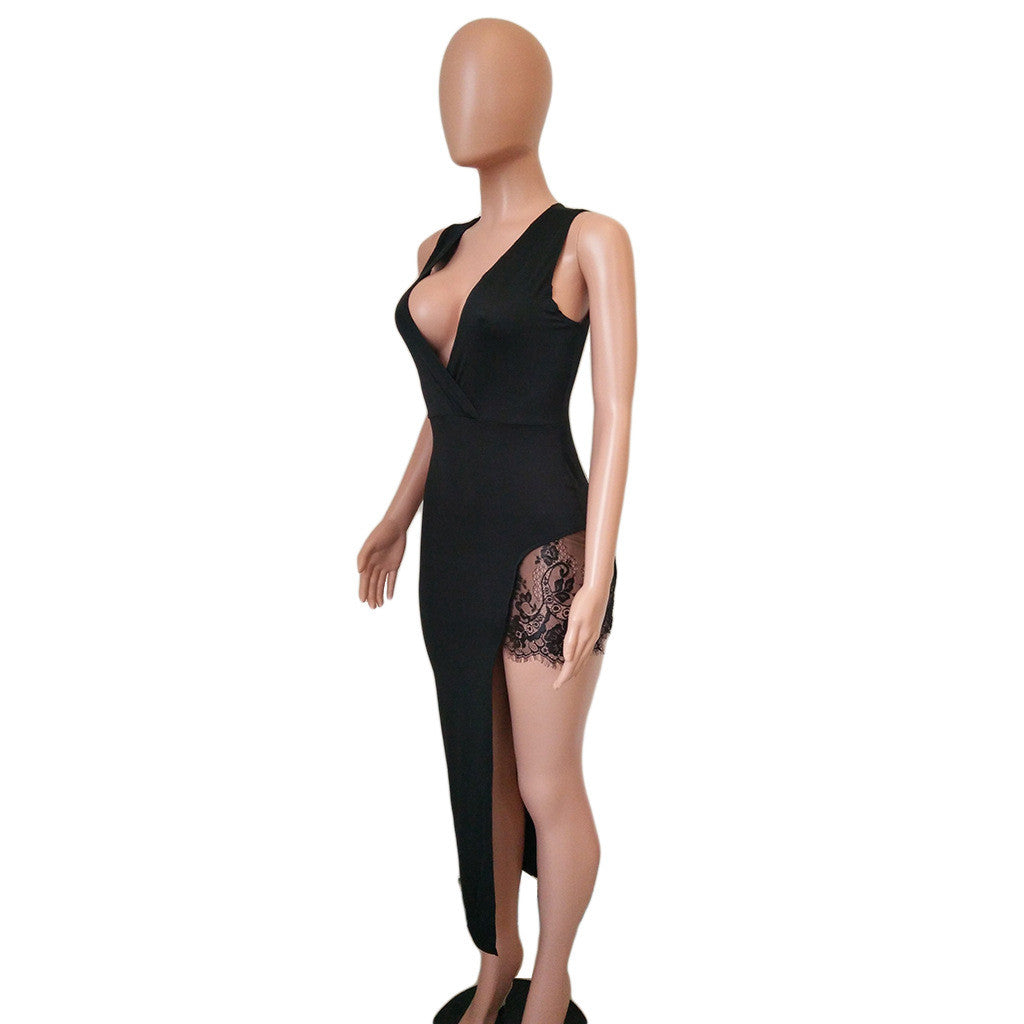 Irregular Lace Patchwork Deep V-neck Sleeveless Dress