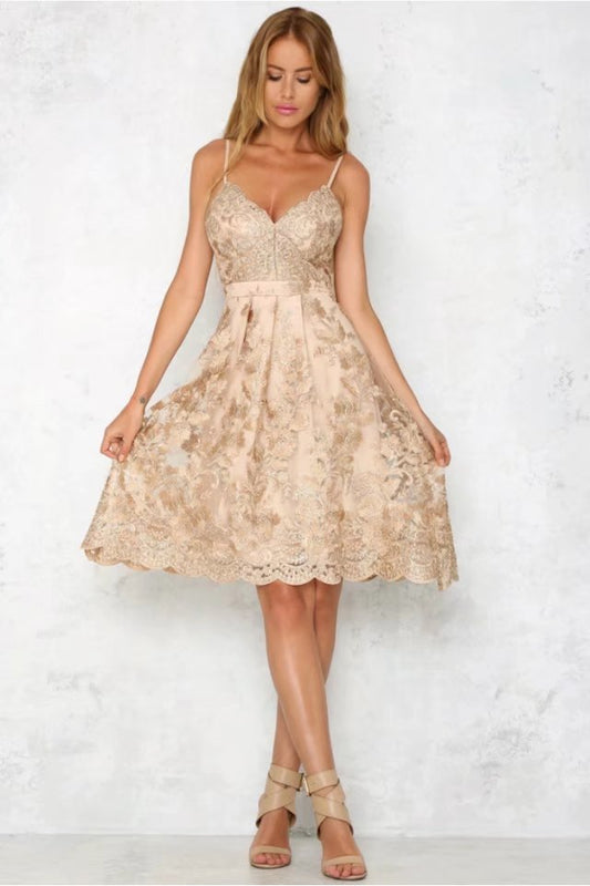 A-line V-neck Flower Print Spaghetti Straps Knee-length Lace Dress