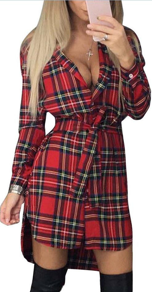 Long Sleeves Plaid Long Shirt Blouses With Belt