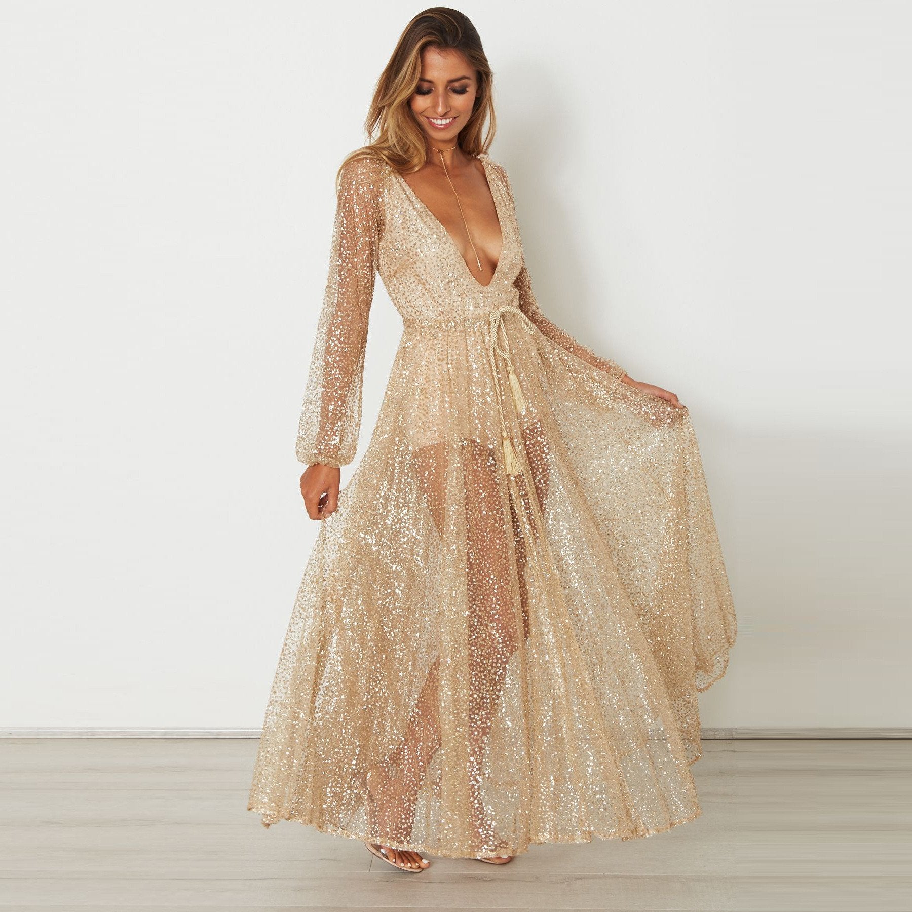 Deep V-neck Long Sleeves Pleat Long Transparent Dress
