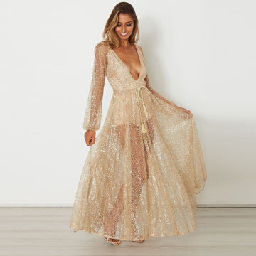 Deep V-neck Long Sleeves Pleat Long Transparent Dress