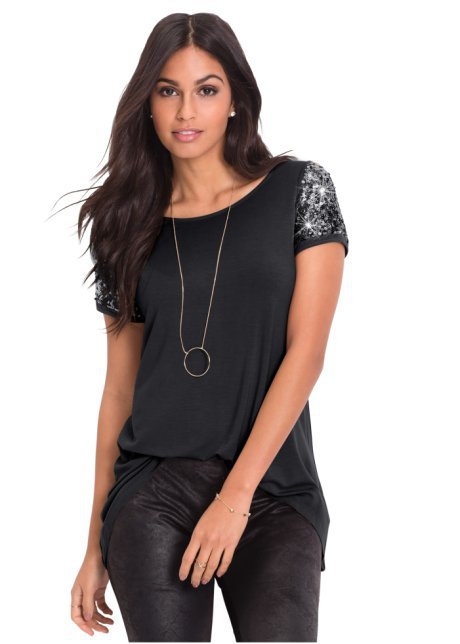 Sequins Short Sleeve Patchwork Scoop Irregular T-shirt
