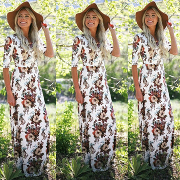 Scoop Half Sleeves Flower Print Long Party