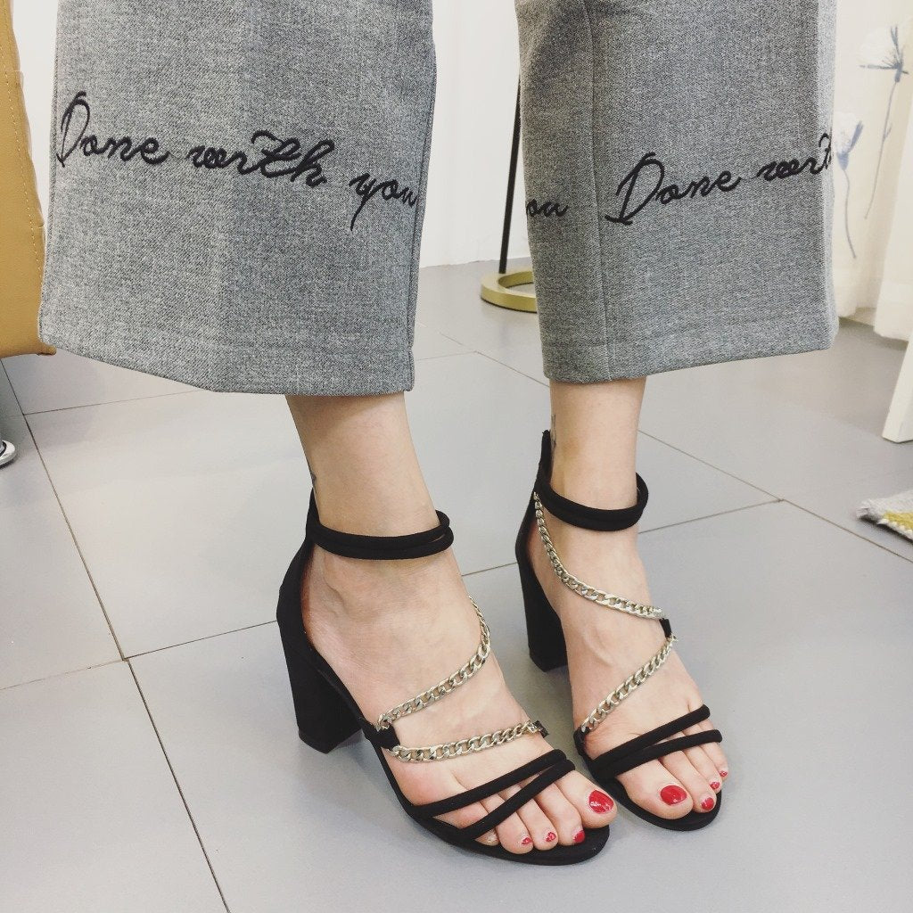 Strap Wraps Ankle Wrap Back Zipper Chunky Heels Sandals