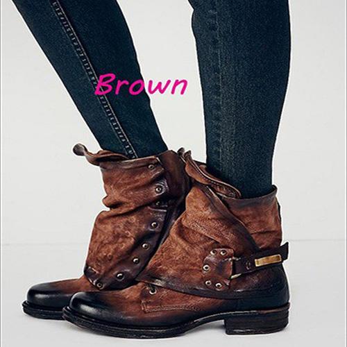 Leather Chunky Heel Buckle Round Toe Ankle Boots