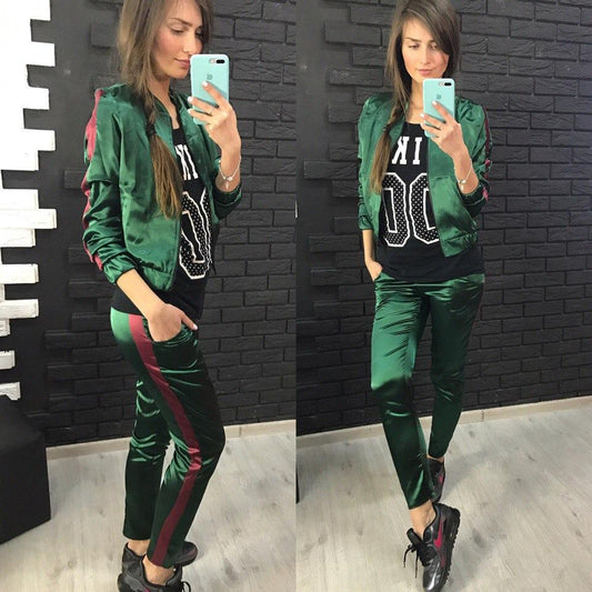 Patchwork Coat with Sports Pants Two Pieces Set