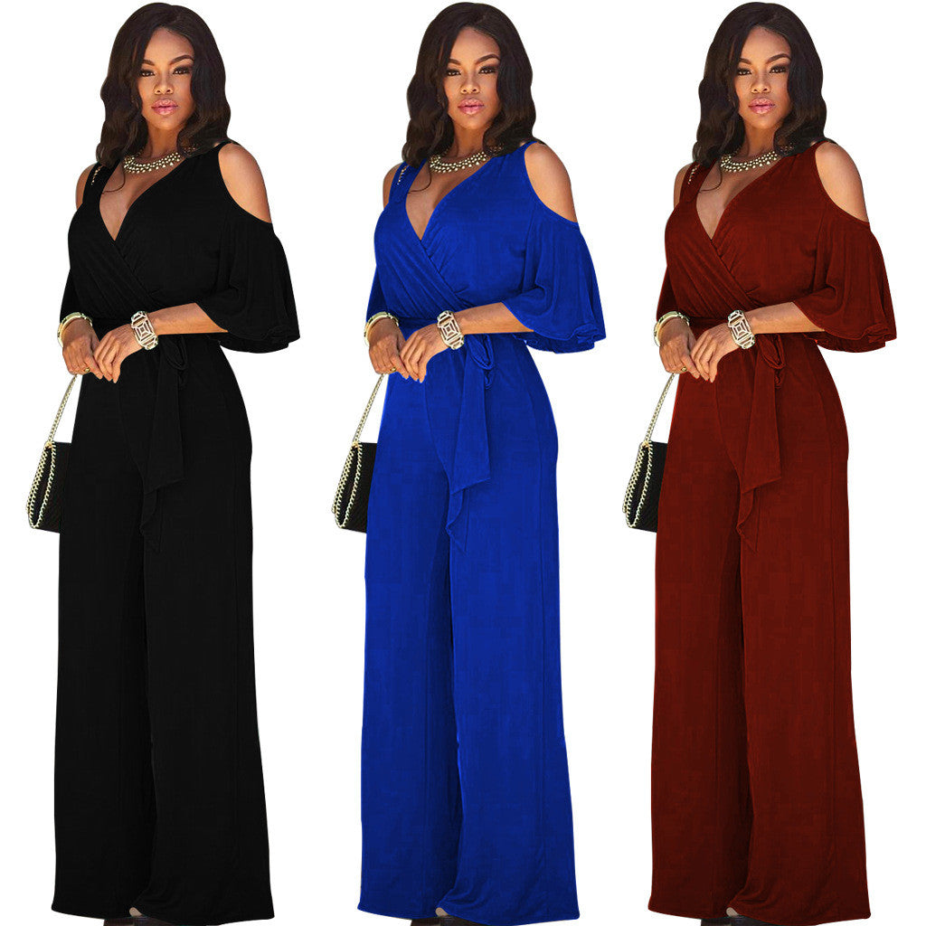 Pure Color V-neck Straps Wide-legs Long Jumpsuit