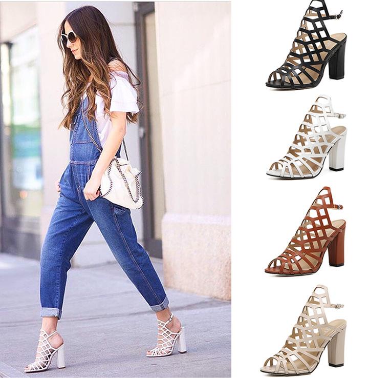 2017 New Trend Cut Out Straps Chunky High Heels Sandals