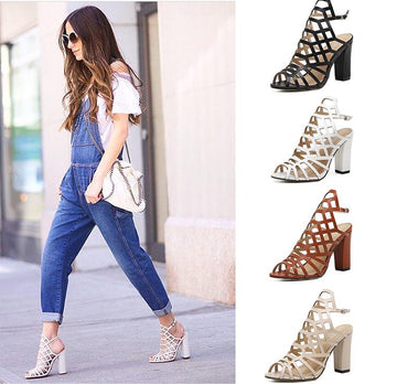 2017 New Trend Cut Out Straps Chunky High Heels Sandals