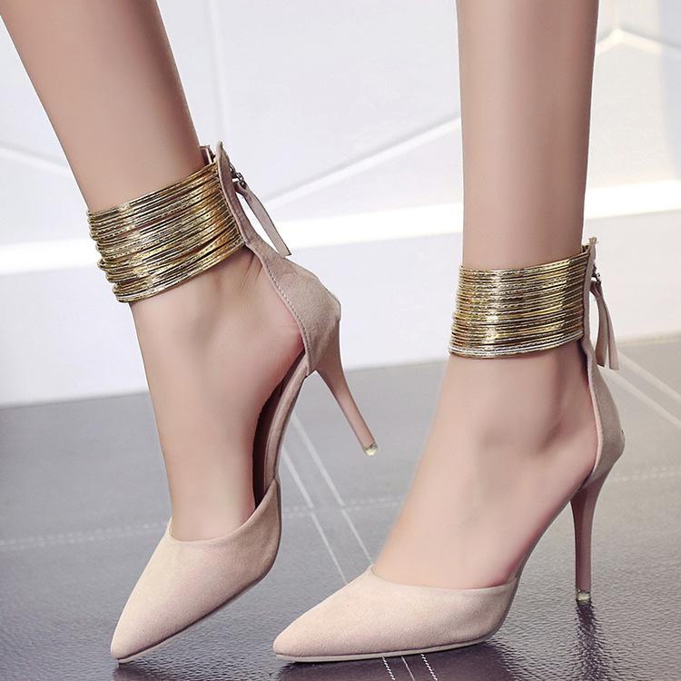 Pointed Toe Shinning Ankle Wraps Low Cut Stiletto Heels Party Shoes