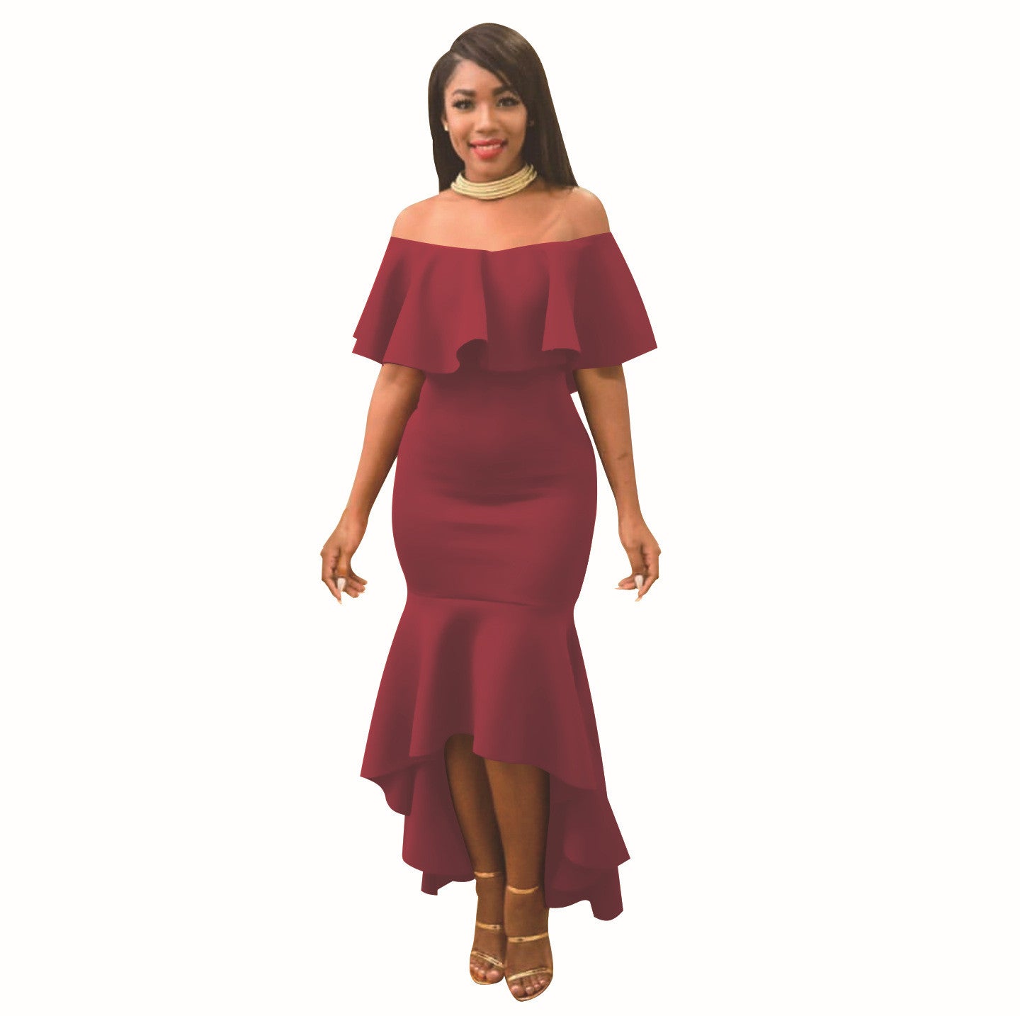 Pure Color Short Sleeves Ruffles Off Shoulder Irregular Dress