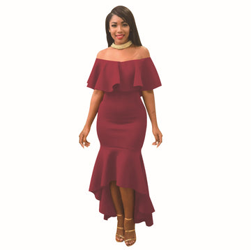 Pure Color Short Sleeves Ruffles Off Shoulder Irregular Dress