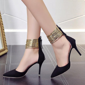 Pointed Toe Shinning Ankle Wraps Low Cut Stiletto Heels Party Shoes