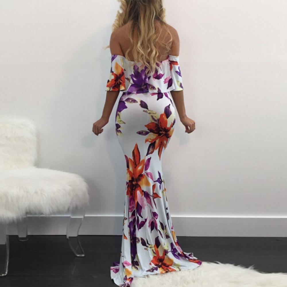Off Shoulder Bodycon Backless Mermaid Print Irregular Long Dress 